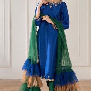 Pakistani Designer Shalwar Kameez Silk Blue Green Gold Mehndi Dholki